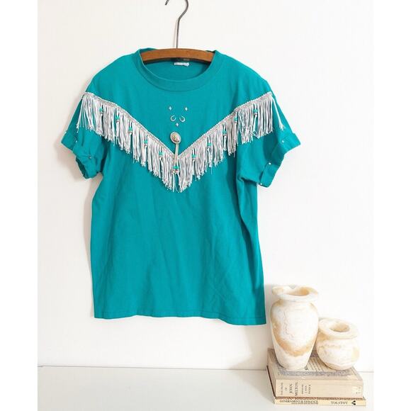 Hazelwoods Tops - Vintage Western Turquoise Fringe Hazelwoods Size Medium T Shirt